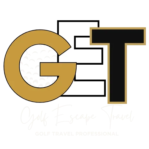 Gold and black “GT” logo with white background and faint “Golf Escape Travel Professional” text