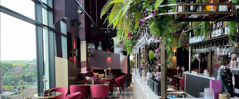 Stylish indoor cafe with red chairs, hanging plants, and large windows