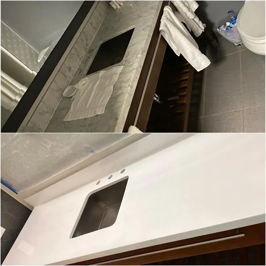 A before and after photo of a bathroom sink