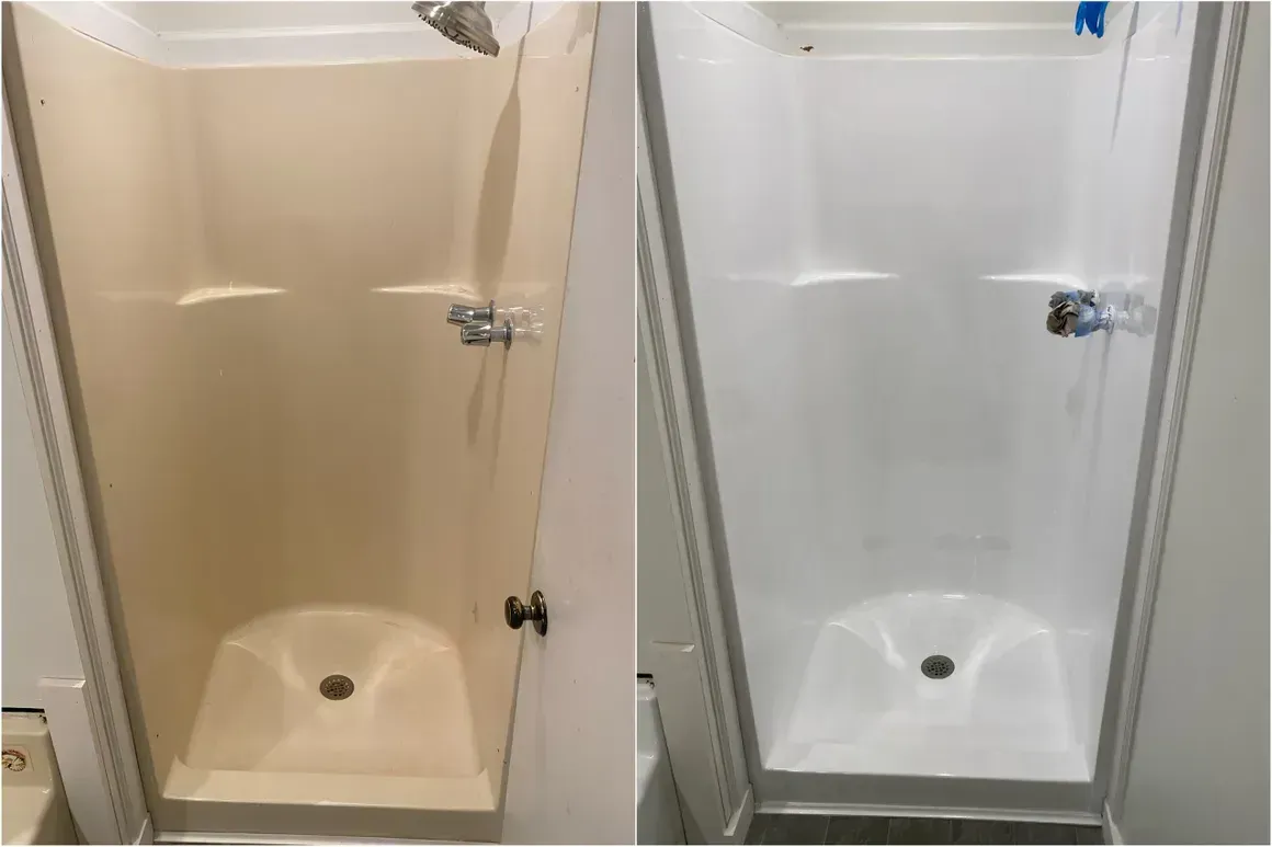 A before and after picture of a shower stall in a bathroom.