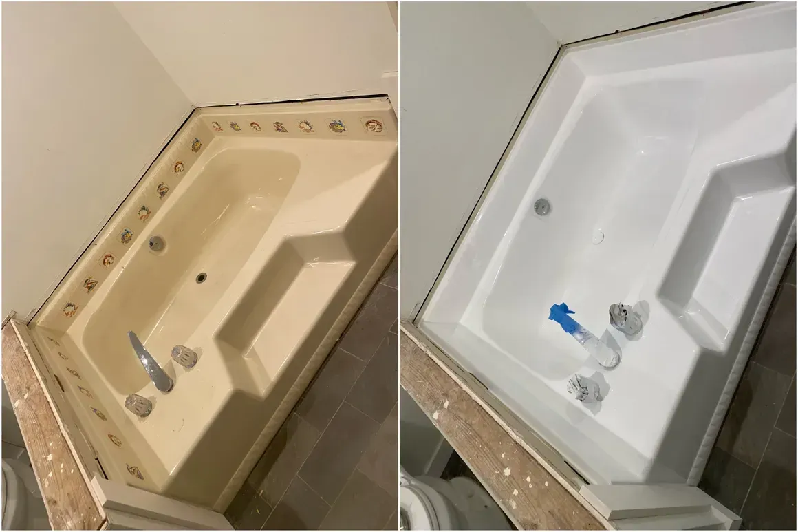 A before and after photo of a bathtub in a bathroom.