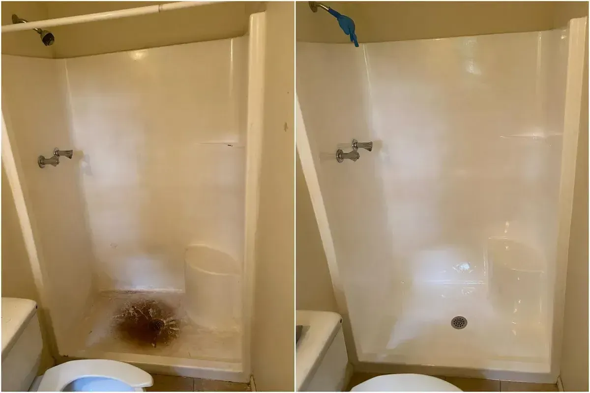 A before and after picture of a bathroom shower.