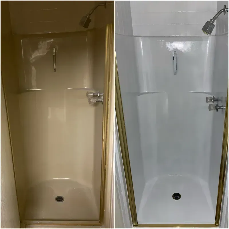 A before and after picture of a shower with a gold trim.