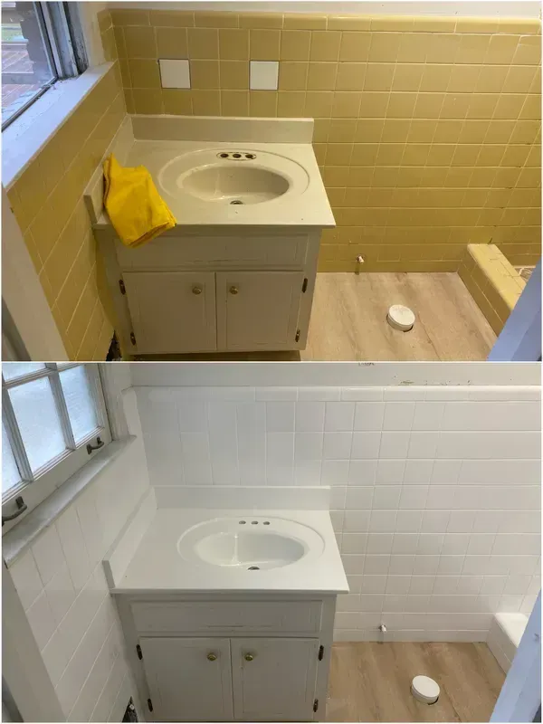 A before and after picture of a bathroom with a sink.