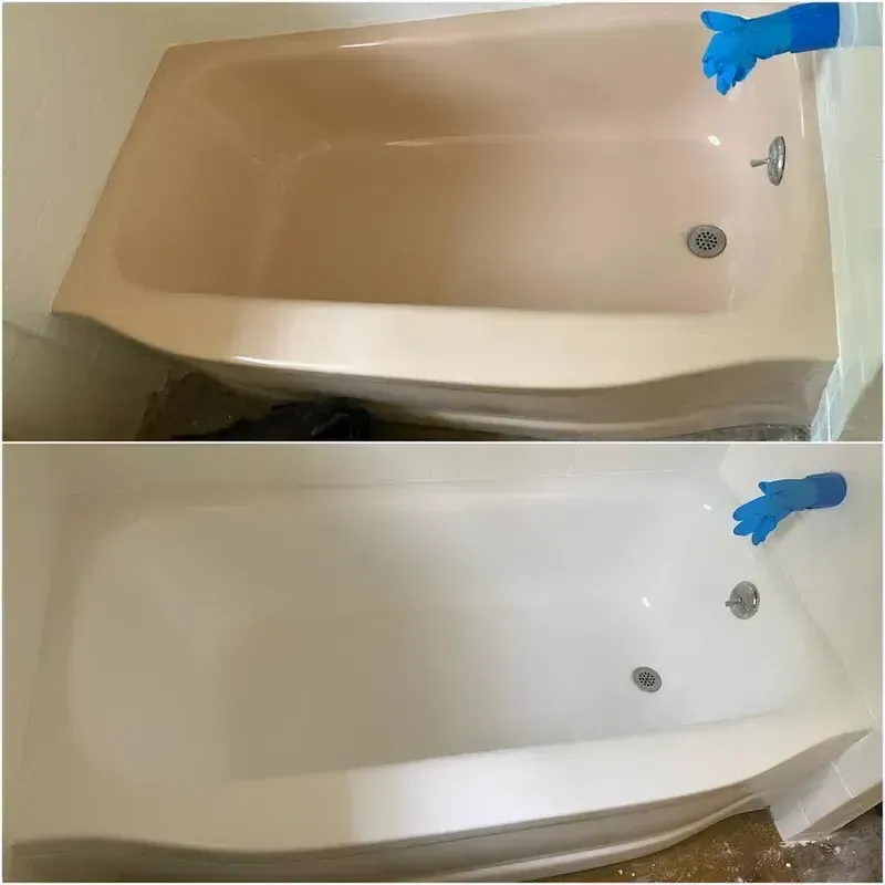 A before and after photo of a bathtub that has been painted white.