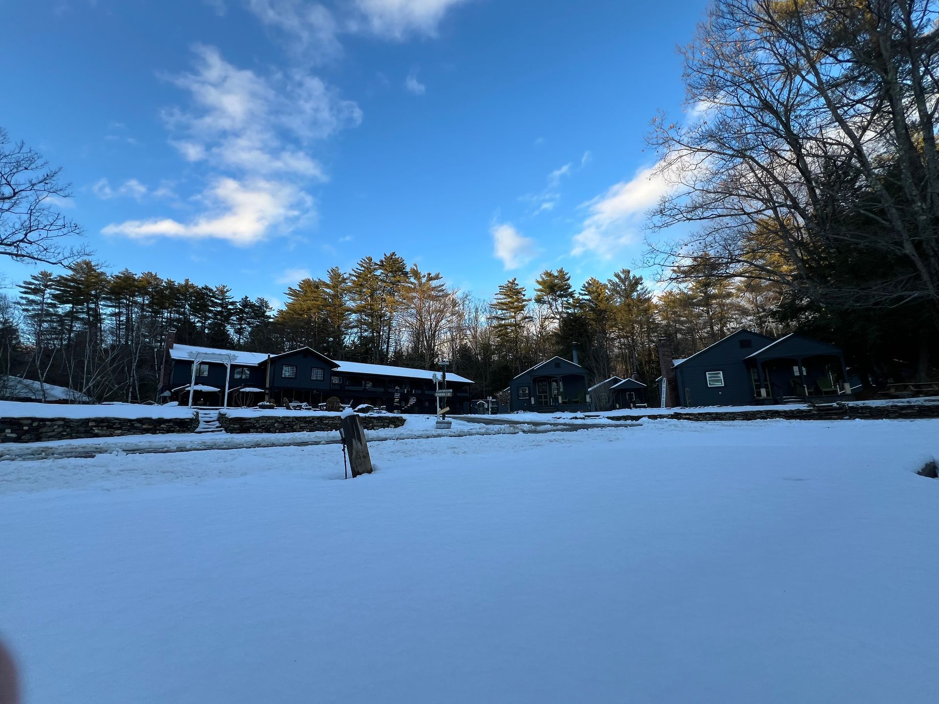 A snowy field with houses and trees in the background