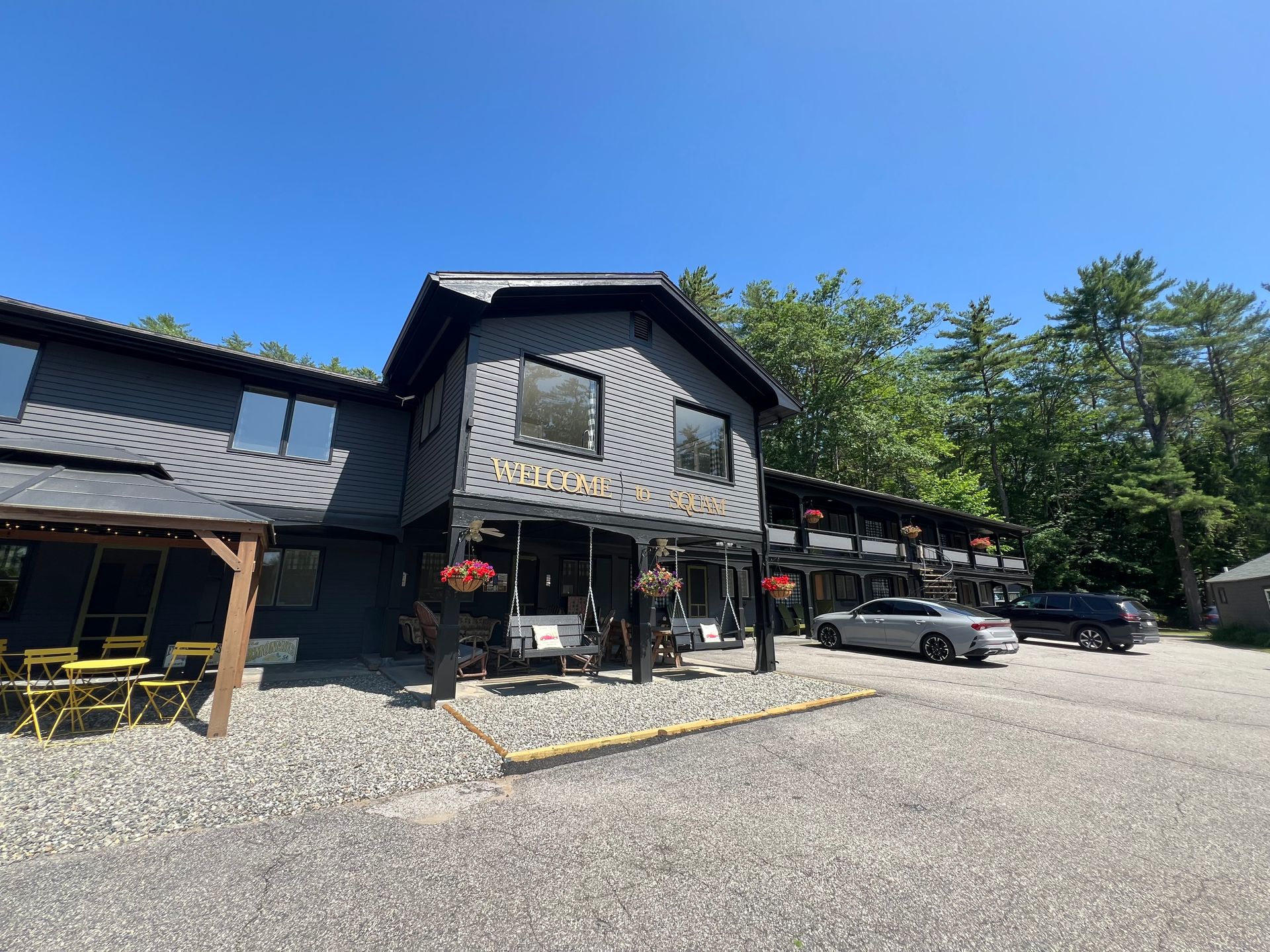 A large black house with a lot of windows is surrounded by trees.
