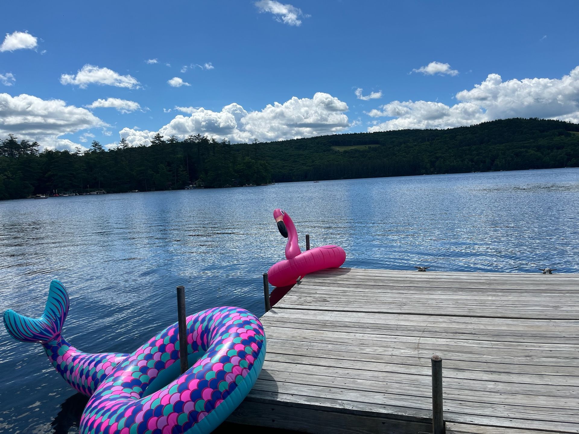 A pink flamingo float is sitting on a dock next to a mermaid float.