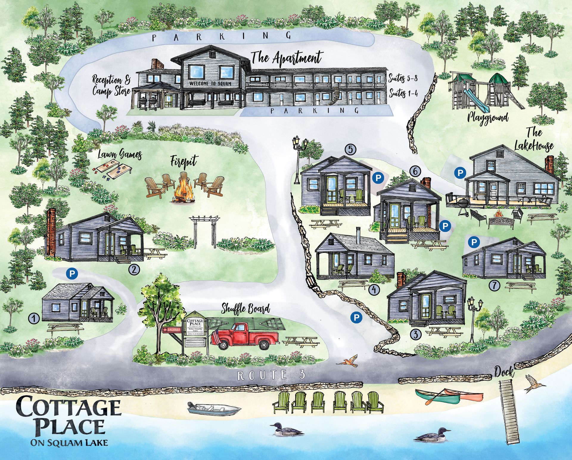 A map of the cottage place on a sunny day