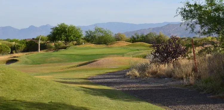 A green golf course with a flag, rolling hills, and mountains in the background.
