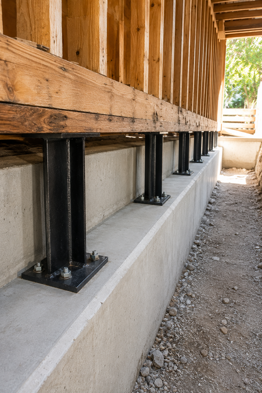 Wooden deck raised on black steel posts above a concrete foundation, beside a gravel path.