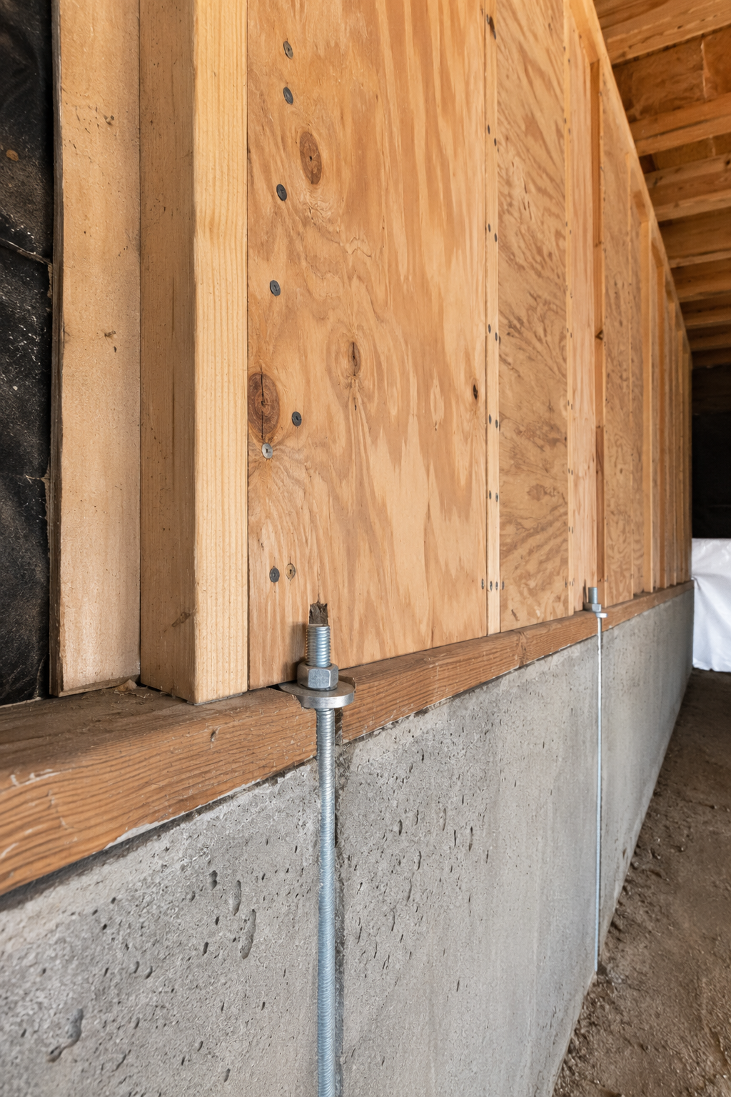 Plywood wall over concrete foundation with metal conduit in an unfinished building interior