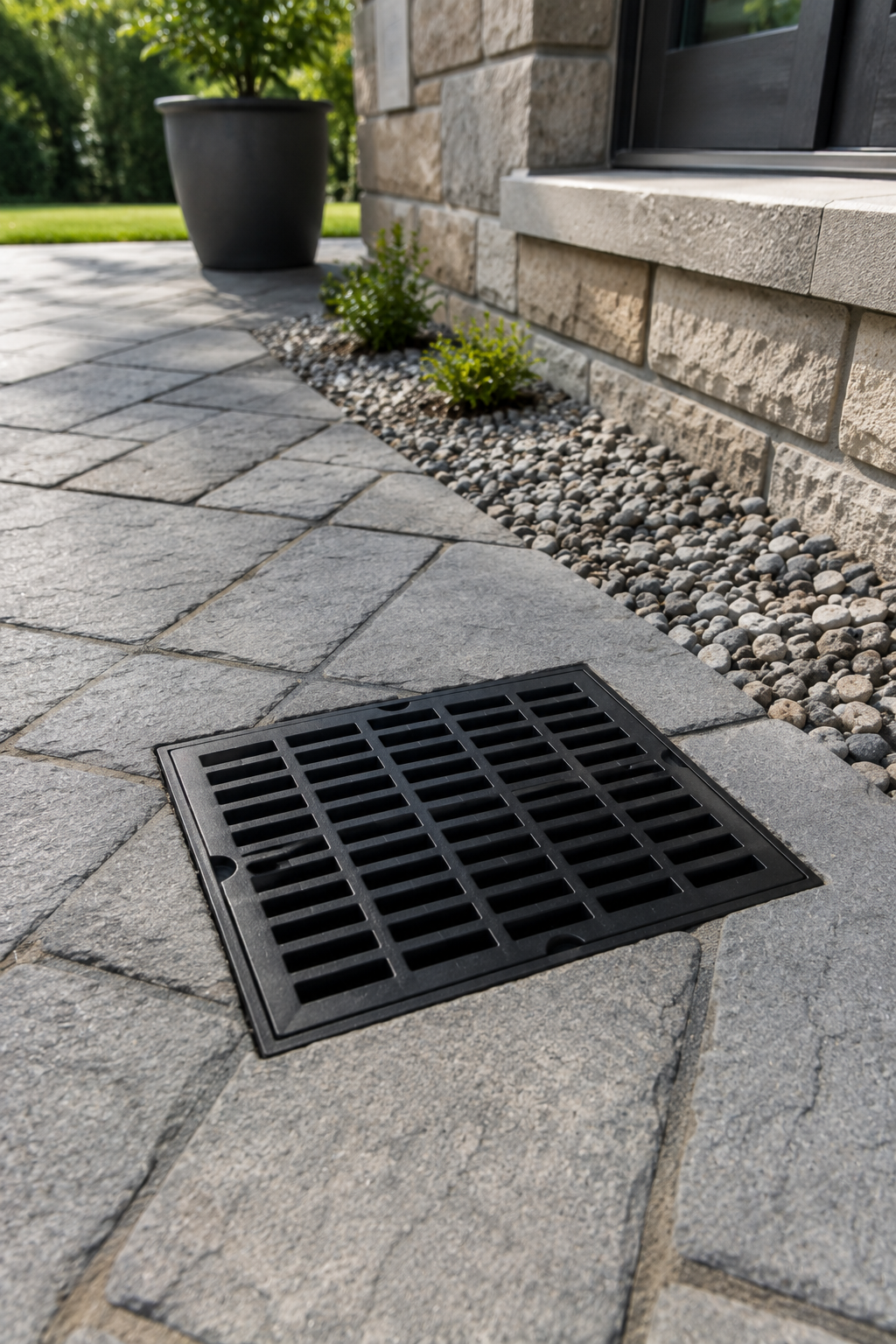 Black metal drain grate set in a stone patio beside a house wall and gravel border.