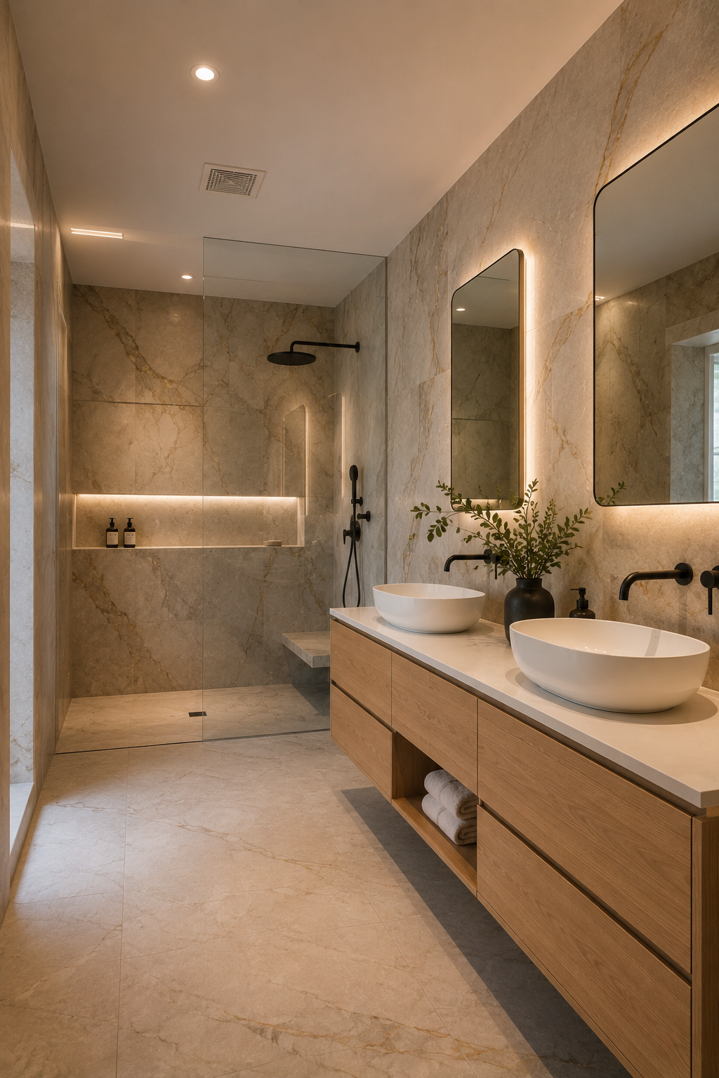 Modern beige bathroom with double sinks, large mirrors, and walk-in shower with a lit shelf and bench