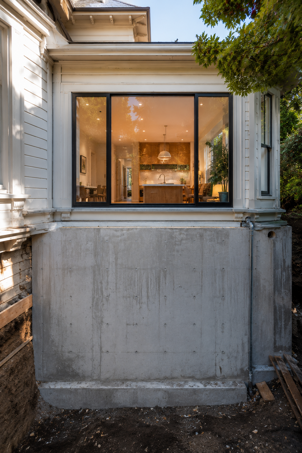 Large window in a white exterior wall, showing a warmly lit room inside.