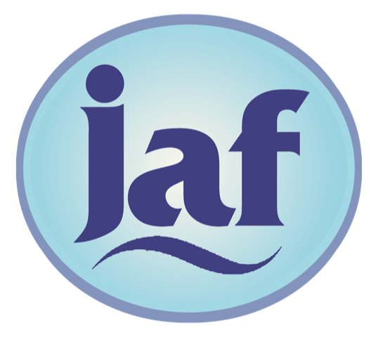 A blue jaf logo in a circle on a white background