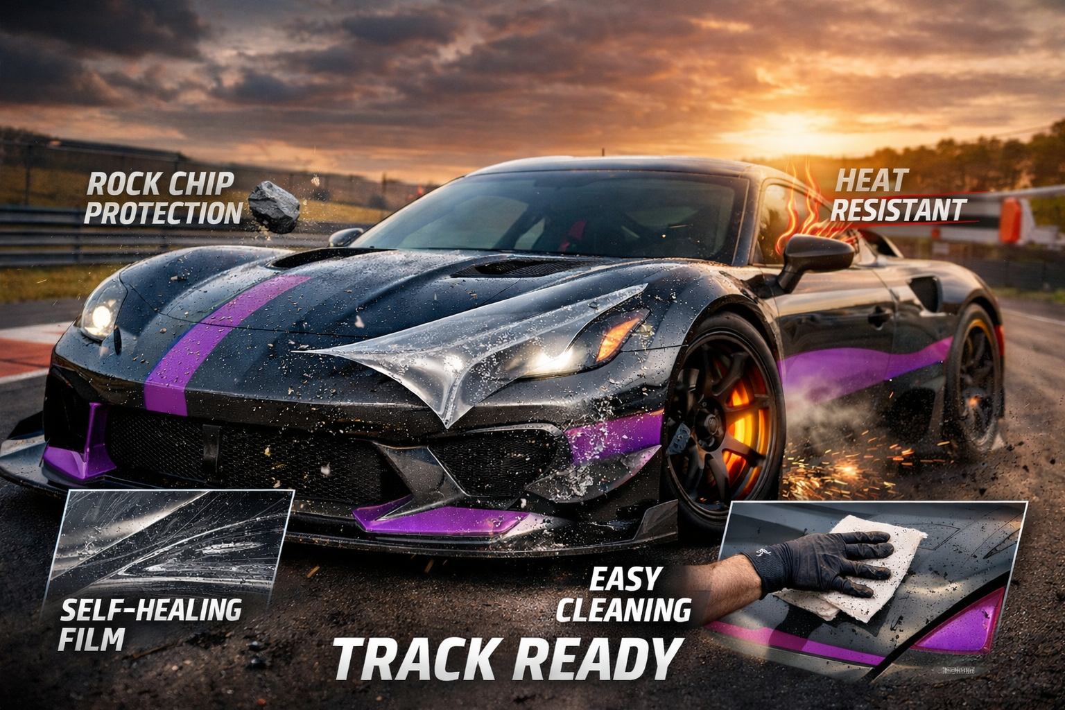 Sportscar on a racetrack with purple accents, featuring self-healing film and heat resistance.