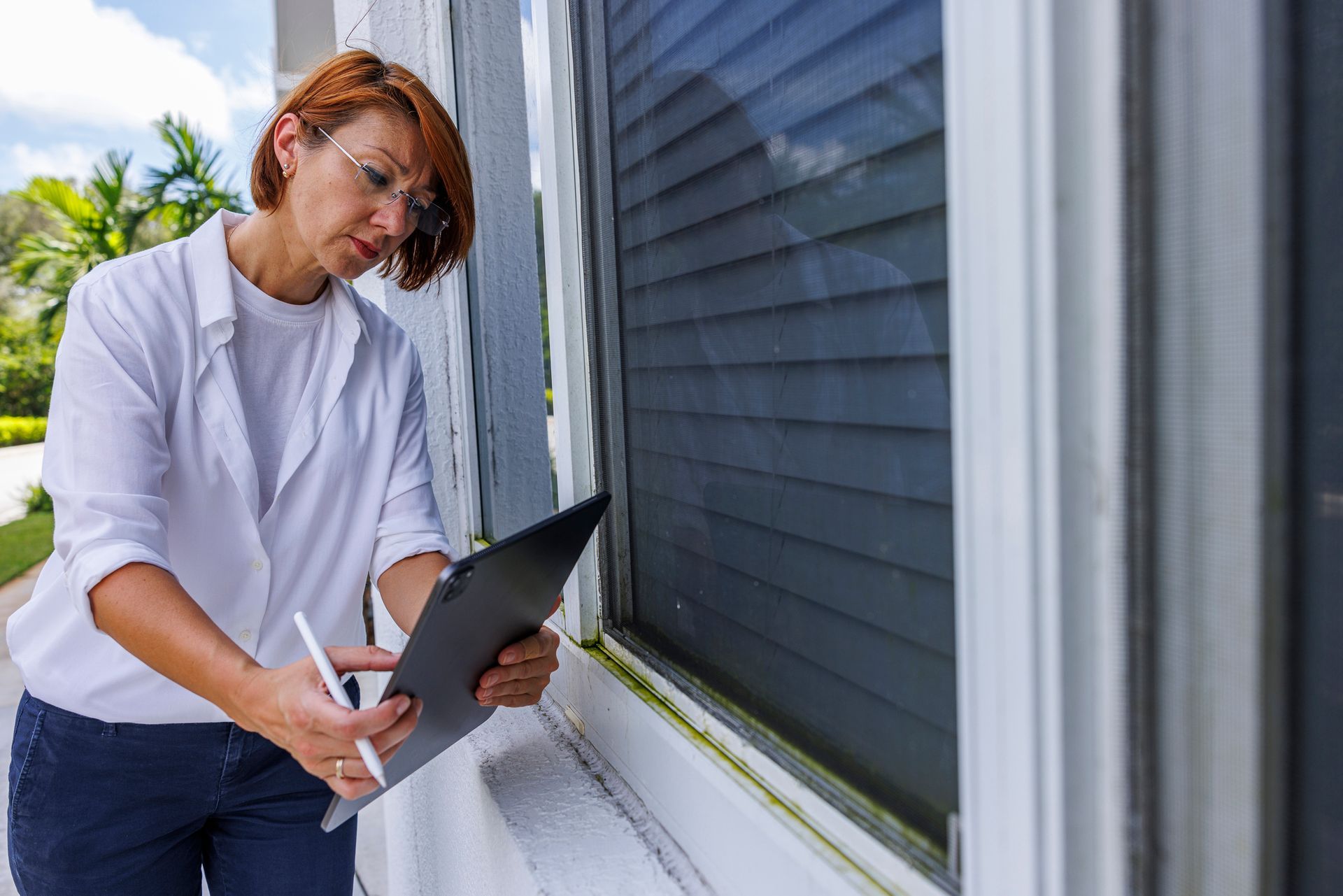 Specialist checking exterior windows for leakage, stains, and mold growth.