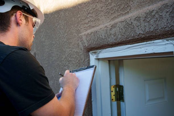 A man is writing on a clipboard in front of a door.
