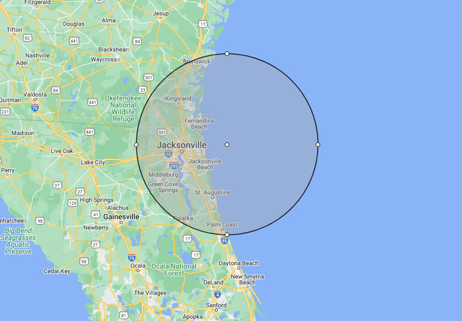 A map of florida with a circle around it.