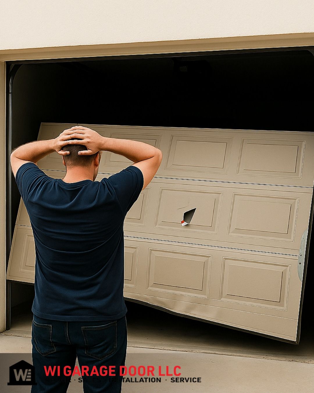 Man stands with hands on head as a garage door buckles inward under impact.