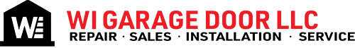 Logo for WI Garage Door LLC, featuring a house icon with a "W" inside, followed by red and black company text.