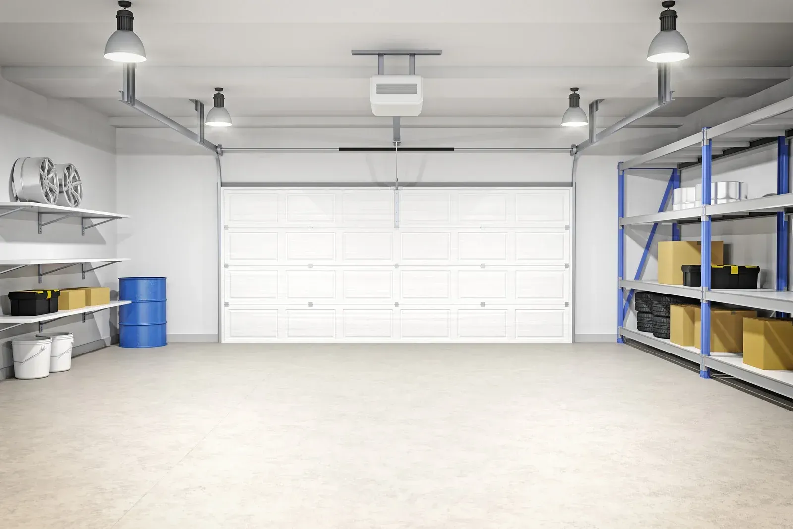 Bright empty garage with white door, shelves, blue bin, and overhead lights