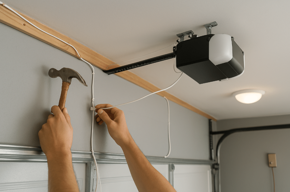Hands using a hammer and nail on a garage ceiling near a garage door opener