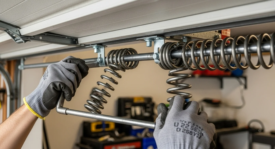 Gloved hands repairing a garage door spring assembly with tools on a ceiling-mounted track