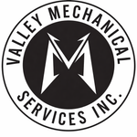 Black and white logo for Valley Mechanical Services Inc. featuring a stylized letter M inside a circular border.