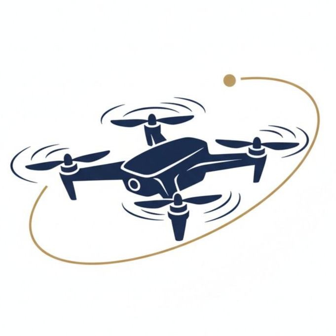 Dron de la Armada con hélices giratorias, trayectoria de vuelo dorada, sobre fondo blanco.