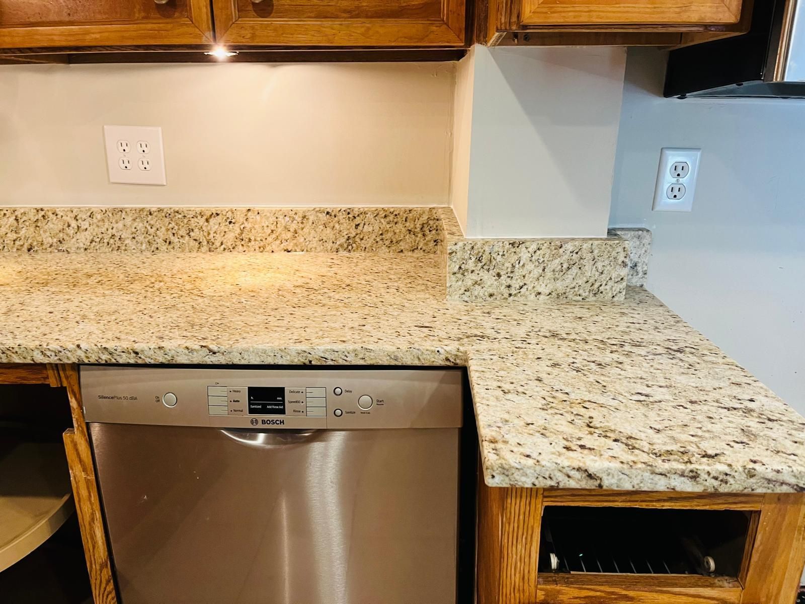 Kitchen counter with granite, stainless steel dishwasher, and wooden cabinets.