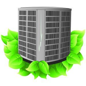 An air conditioner is surrounded by green leaves on a white background.