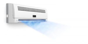 A wall mounted air conditioner is blowing blue air.