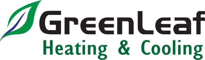 The logo for greenleaf heating and cooling has a green leaf on it.