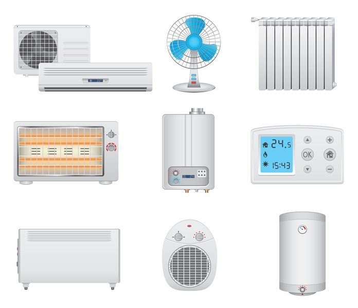 A set of different types of heating and cooling equipment on a white background.