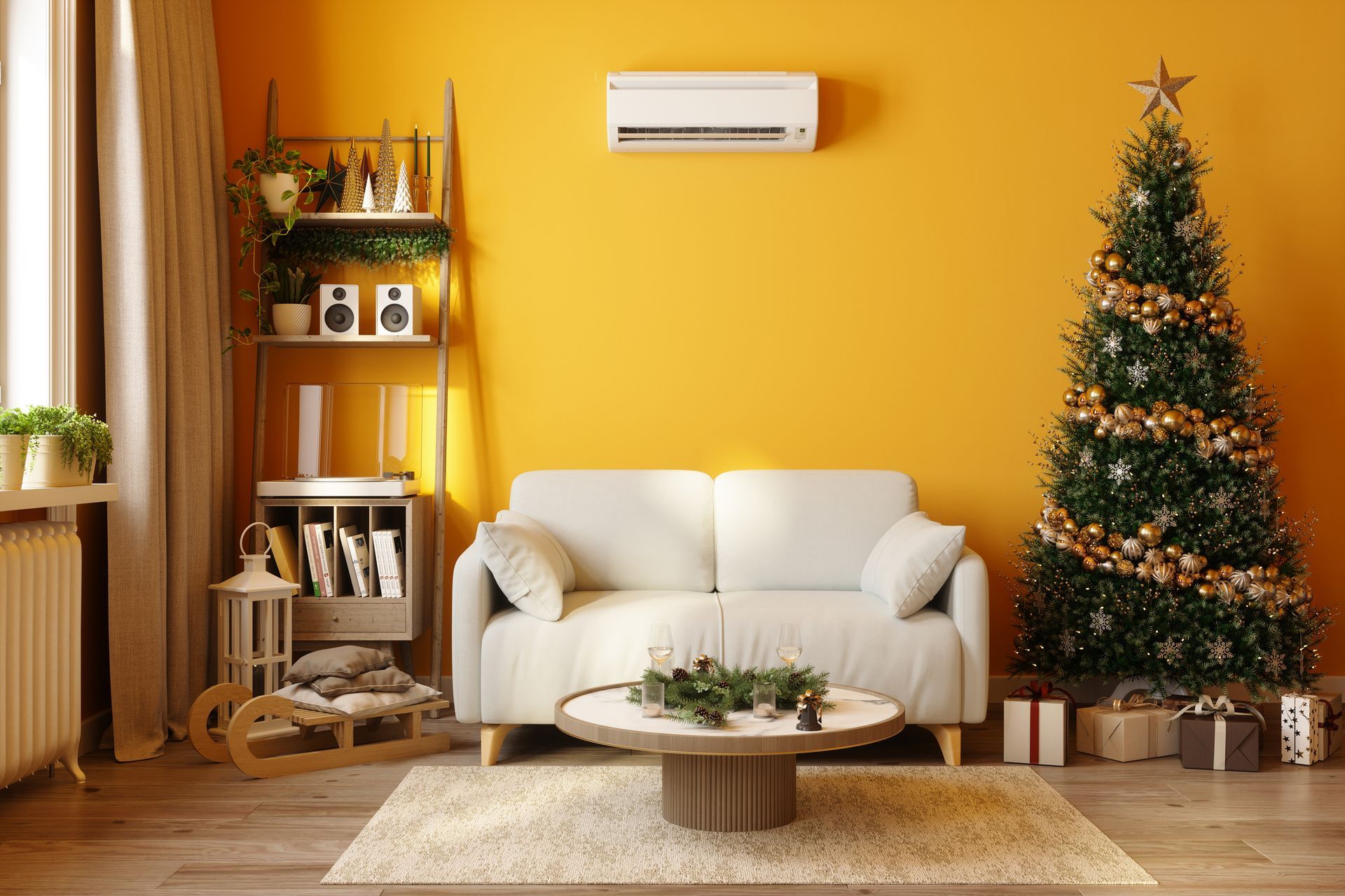 Cozy living room with yellow wall and Christmas Tree representing holiday HVAC maintenance needs.