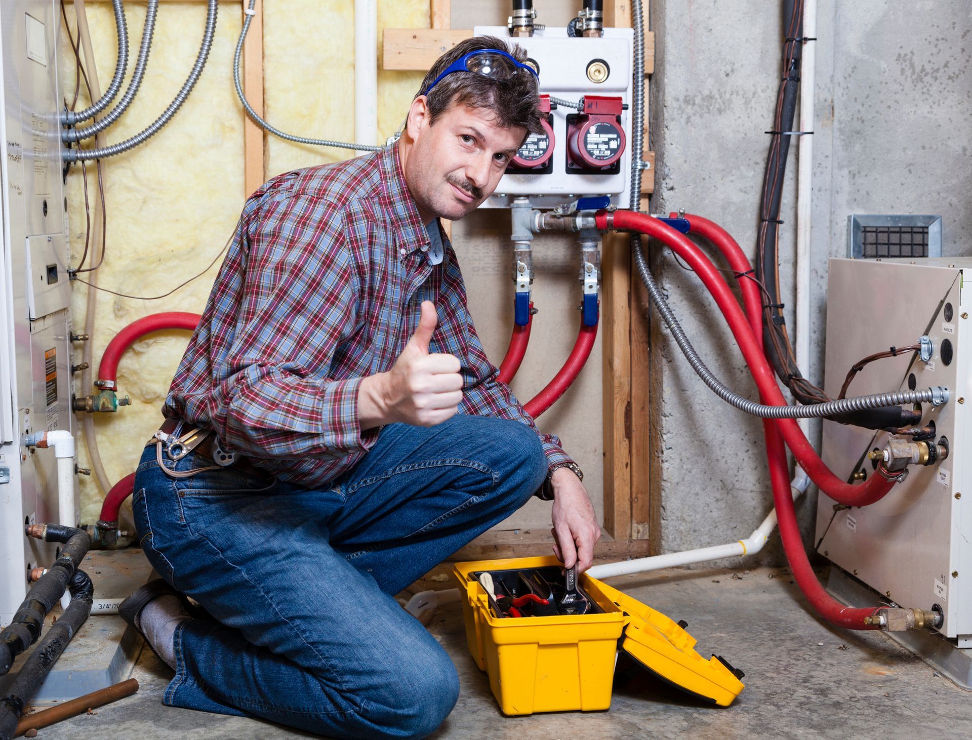 HVAC technician inspecting a heating system in a sunny California home.