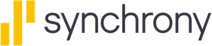 The word synchrony is written in black and yellow on a white background.
