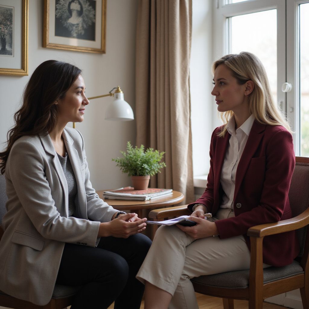 Two women in a counseling session. One speaks, wearing gray blazer; the other listens, wearing maroon blazer.