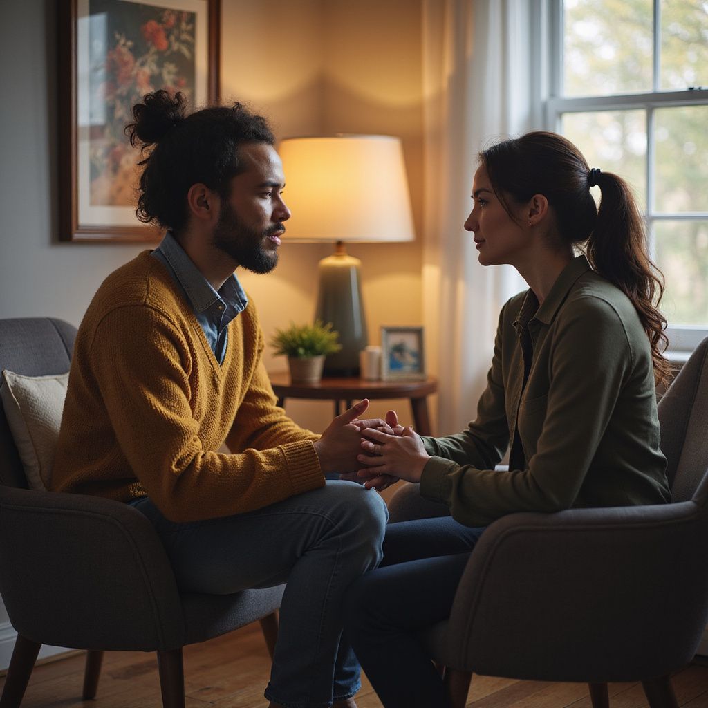 Couple holding hands, seated in armchairs, having a serious conversation in a well-lit living room.