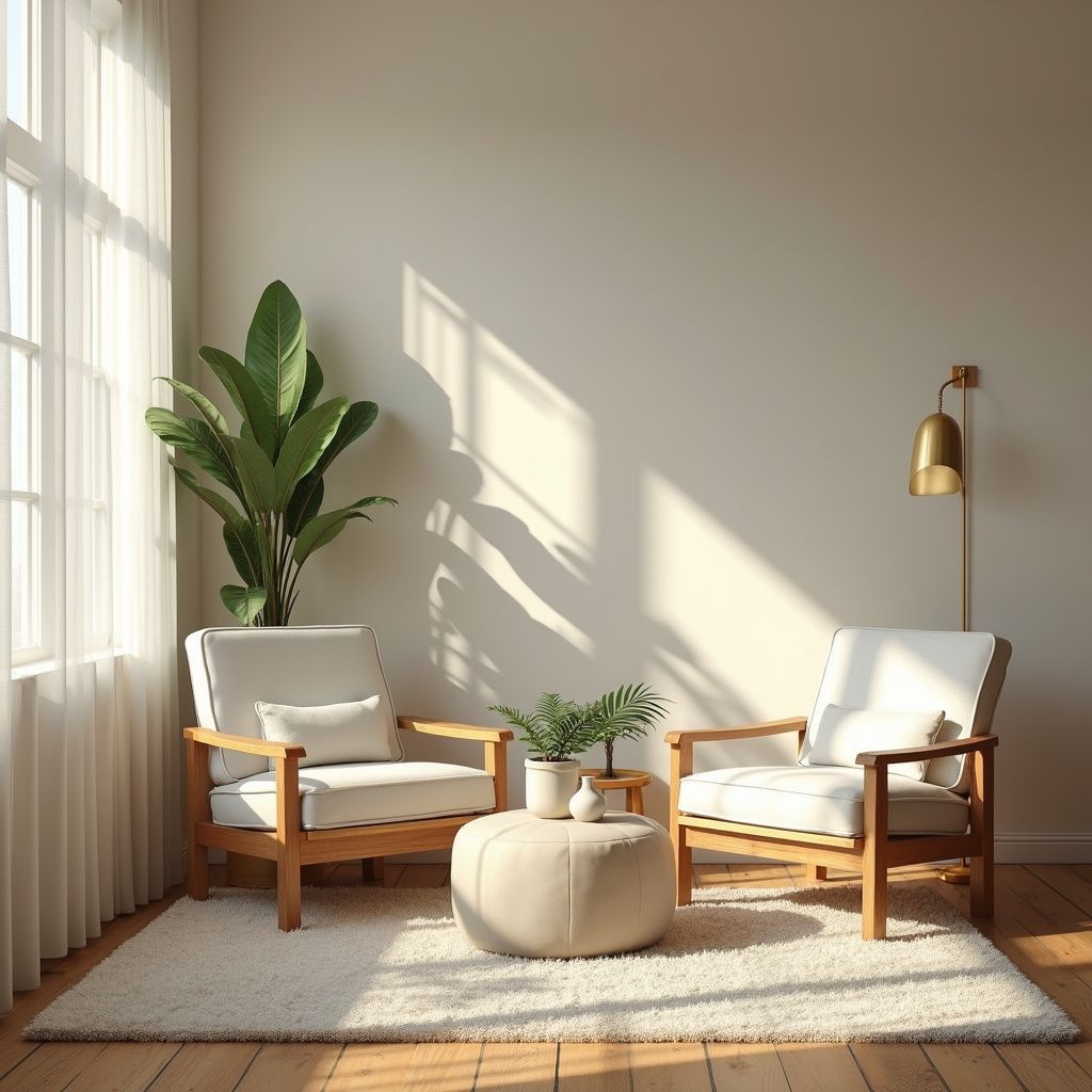 Two chairs in a sunlit room with a large plant and ottoman on a rug.