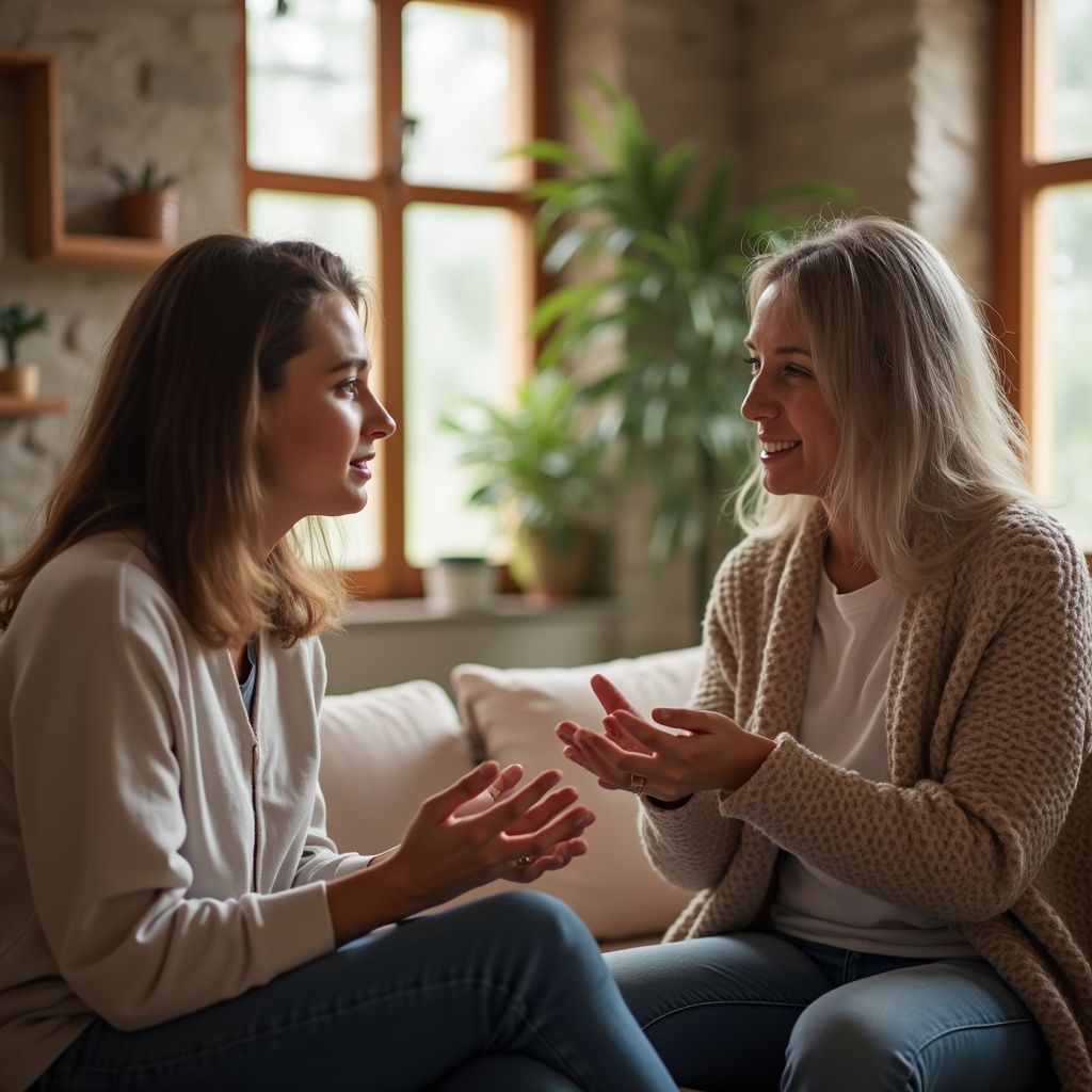 Two women talking animatedly on a sofa in a well-lit living room.