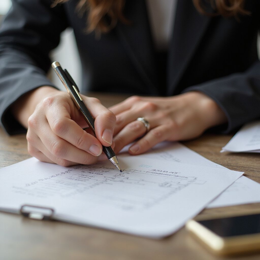Woman in a blazer writing on a blueprint with a pen. A ring is on her finger, and a phone is nearby.