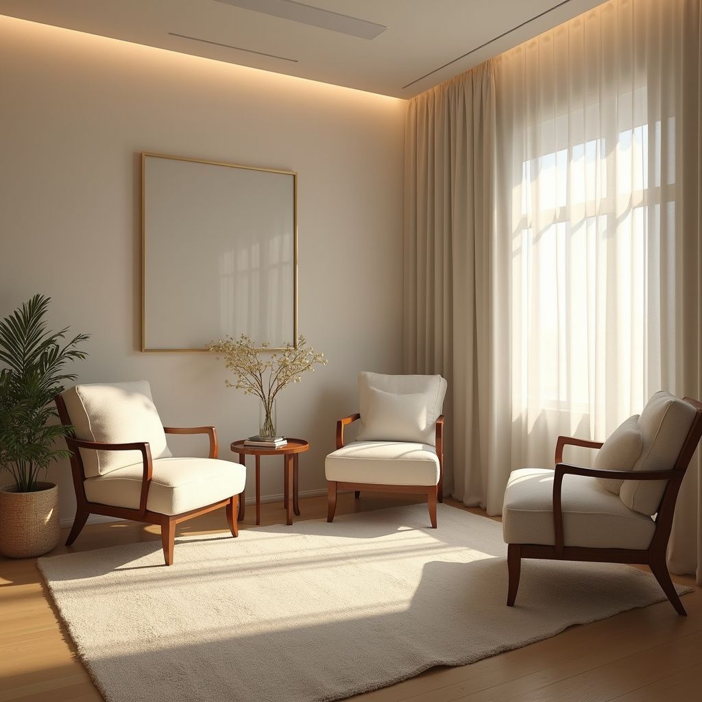 Cozy room with three white armchairs, rug, window with sheer curtains, and art on the wall.