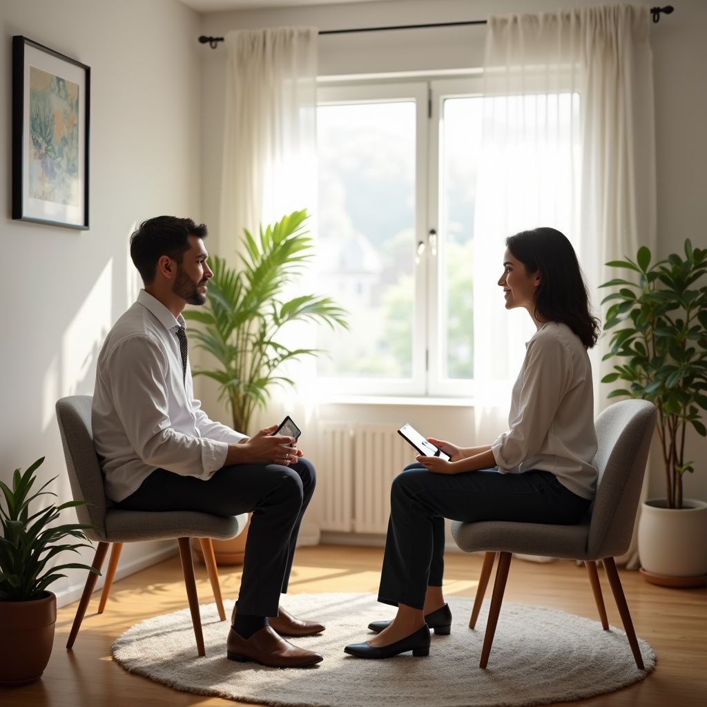 Man and woman in chairs facing each other, likely therapy session. Neutral-toned room with plants and window.