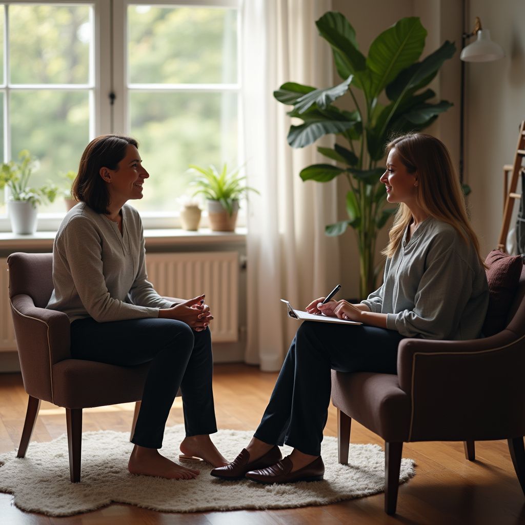 Two women in armchairs converse in a sunlit room. One holds a pen and clipboard.