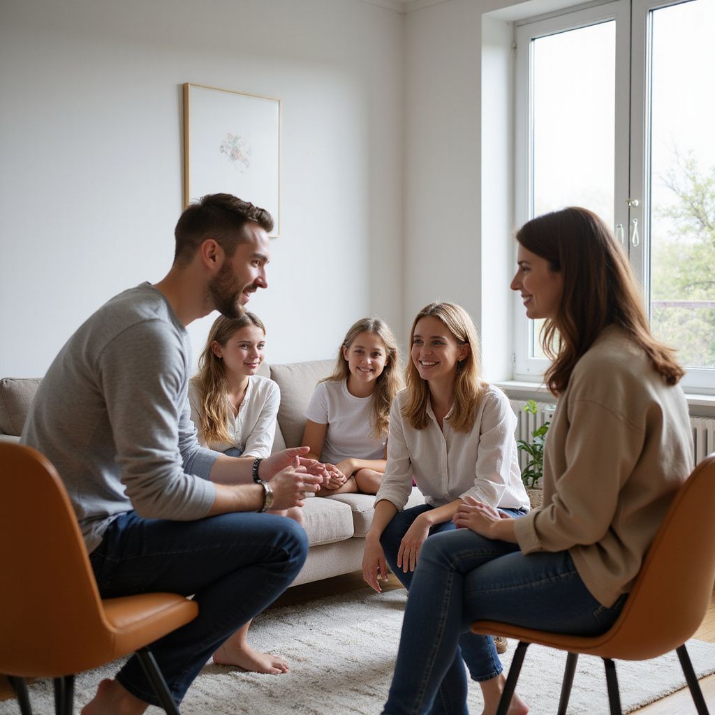 Family in therapy session, conversing. Adults seated, children on couch. Bright, indoor setting.