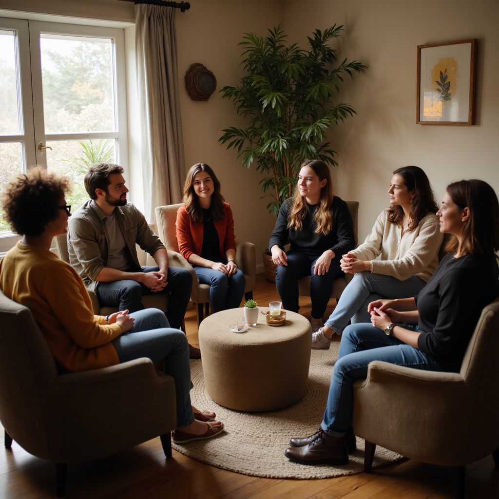 Group therapy session. Six people seated in a circle, conversing. Natural light, neutral tones.