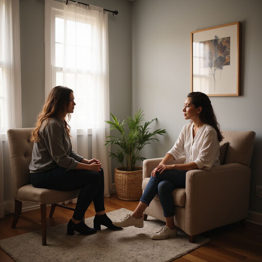 Two women in armchairs, one seated and one on a chair, having a conversation in a room with a plant and windows.